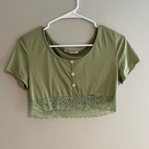 Romwe Green Lace Button Up Tee